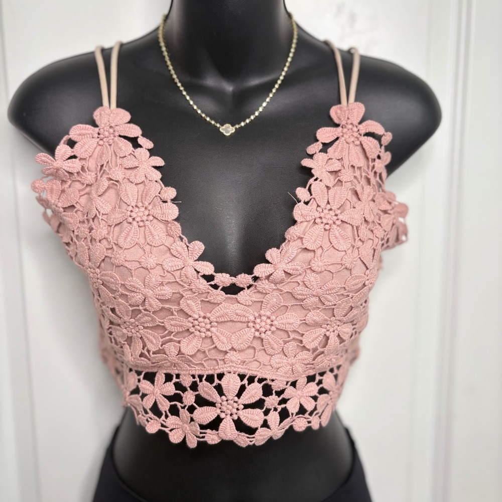 La Miel Crochet Lace Bralette Mauve Pink Floral V-Neck Strappy Boho  Size Small